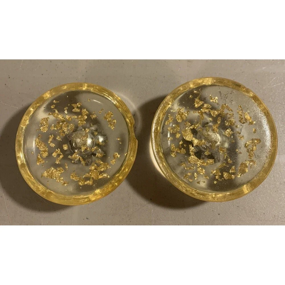 1960’s Lucite Candles 8” Gold Fleck Clear Orange & Holders Set MCM Christmas